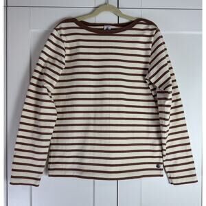Petit Bateau Cream and Brown Striped Long Sleeve Tee